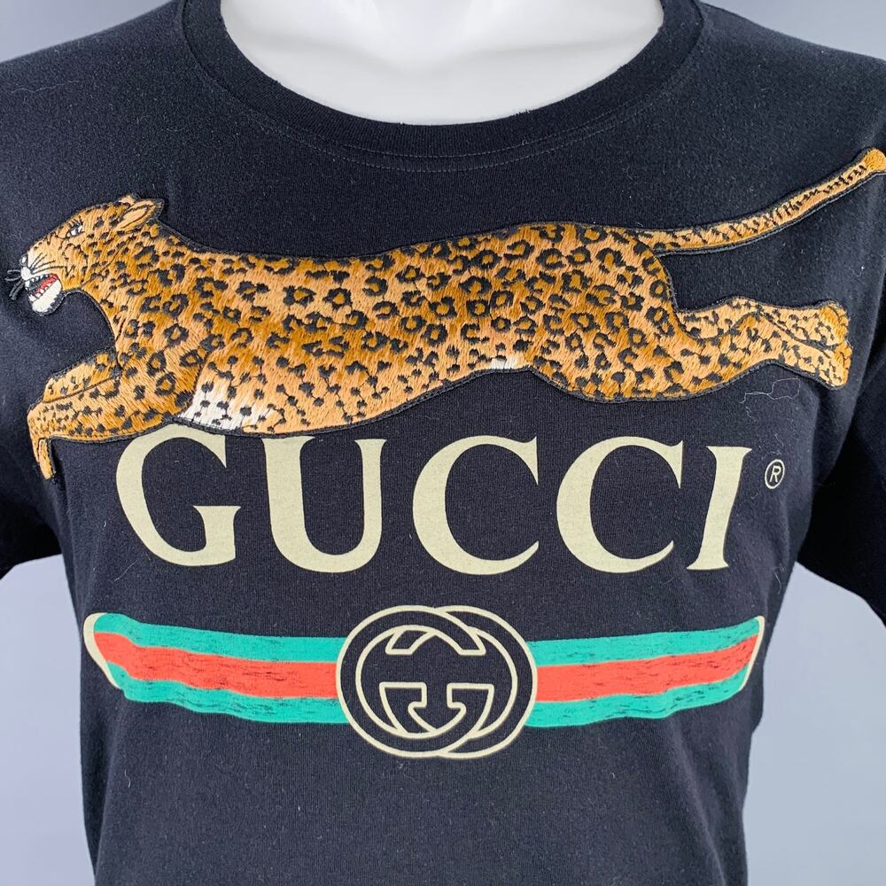 GUCCI Size S Black Multi Color Logo Short Sleeve T-shirt - Picture 2 of 7